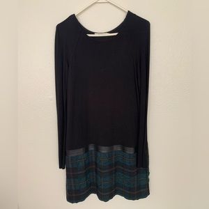Drop-waist mini dress. Black with green plaid panel. Size medium.